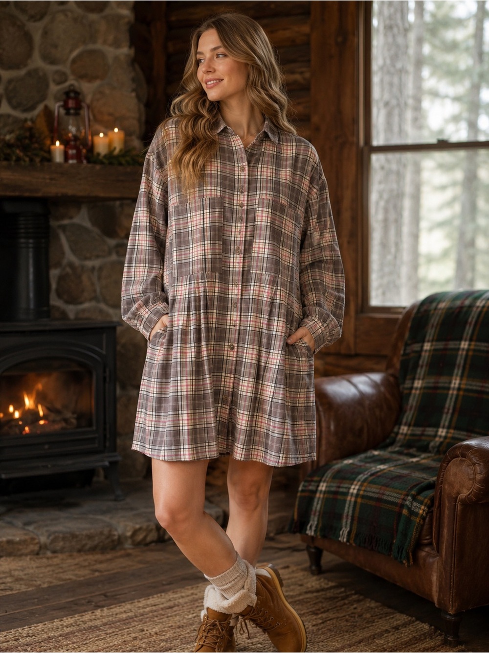 Listicle Plaid Babydoll Shirt Dress Size Large 100% Cotton Cabincore Cottagecore